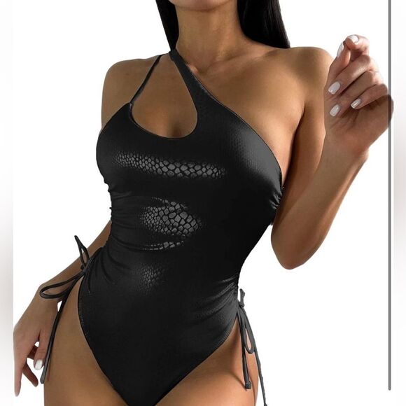 Sexy One Piece Swimsuits One Shoulder Cut Out High Cut Snake Print - Picture 1 of 13